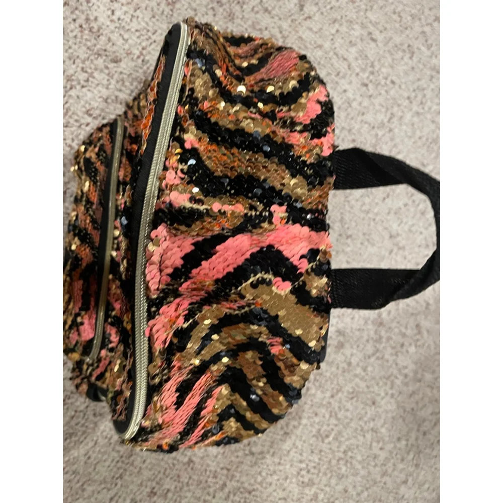 Girls' Backpack-Justice Pink Black Gold Flip-Sequin Zebra (Back to School)